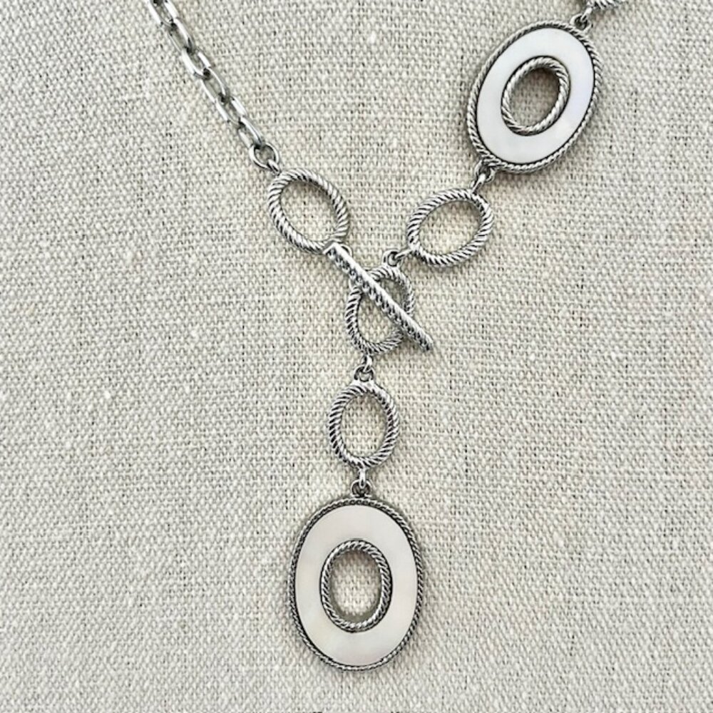 Lia Sophia Necklace White Oval Pendants Silver Tone Adjustable Asymmetrical